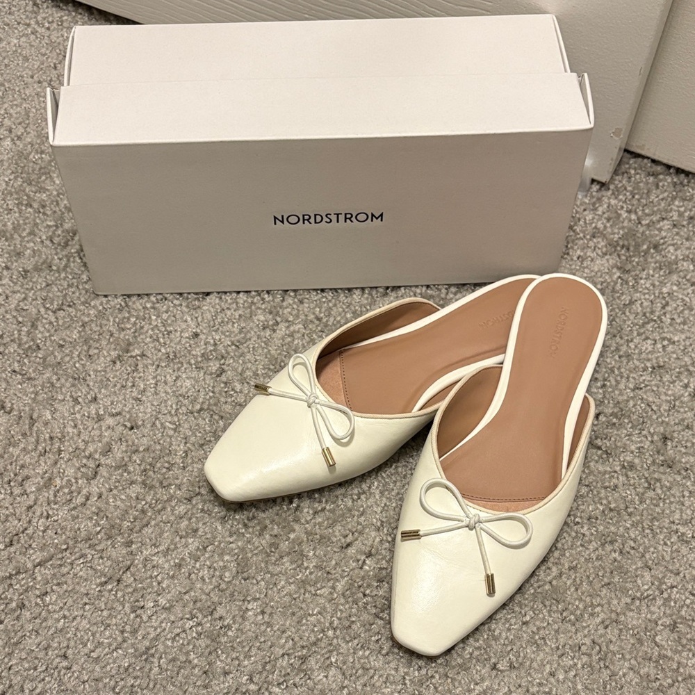 Nordstrom Ivory Pointed Slip-On Mules with Bow Accent